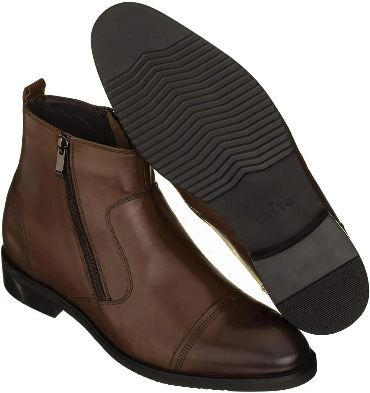 CALTO Men's Invisible Height Increasing Elevator Shoes - Dark Brown Premium Leather Lightweight Zipper Boots - 2.8 Inches Taller - S28002 - Size 8 D(M) US
