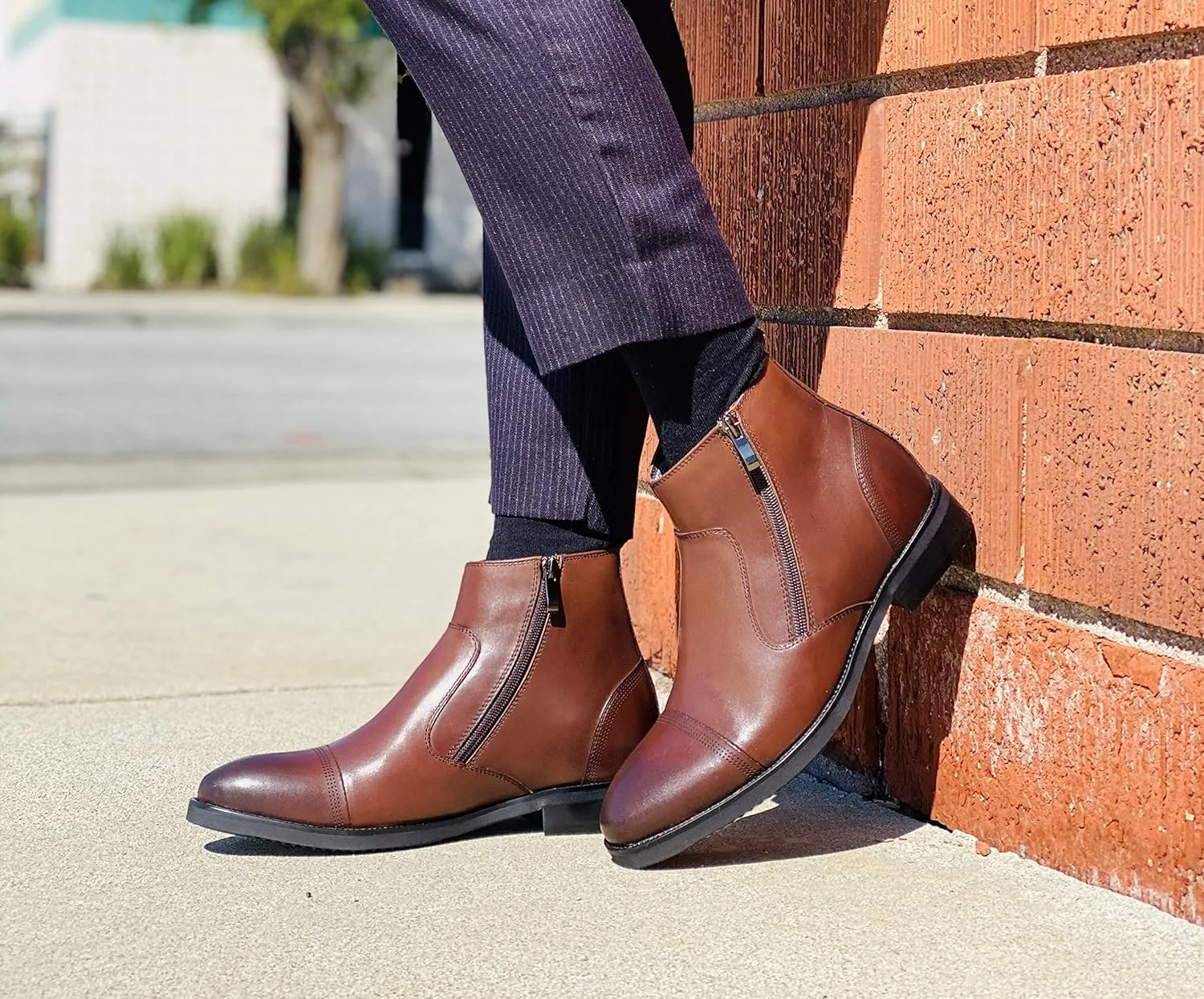 CALTO Men's Invisible Height Increasing Elevator Shoes - Dark Brown Premium Leather Lightweight Zipper Boots - 2.8 Inches Taller - S28002 - Size 8 D(M) US