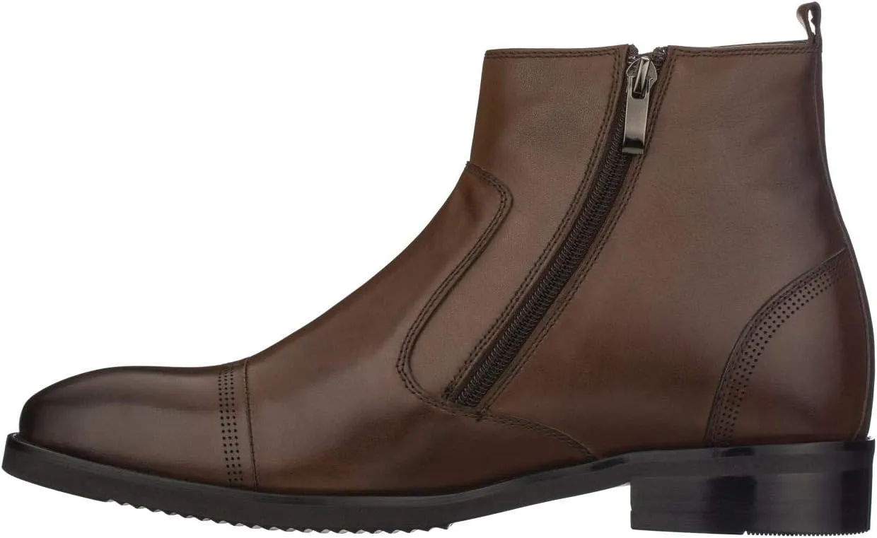 CALTO Men's Invisible Height Increasing Elevator Shoes - Dark Brown Premium Leather Lightweight Zipper Boots - 2.8 Inches Taller - S28002 - Size 8 D(M) US