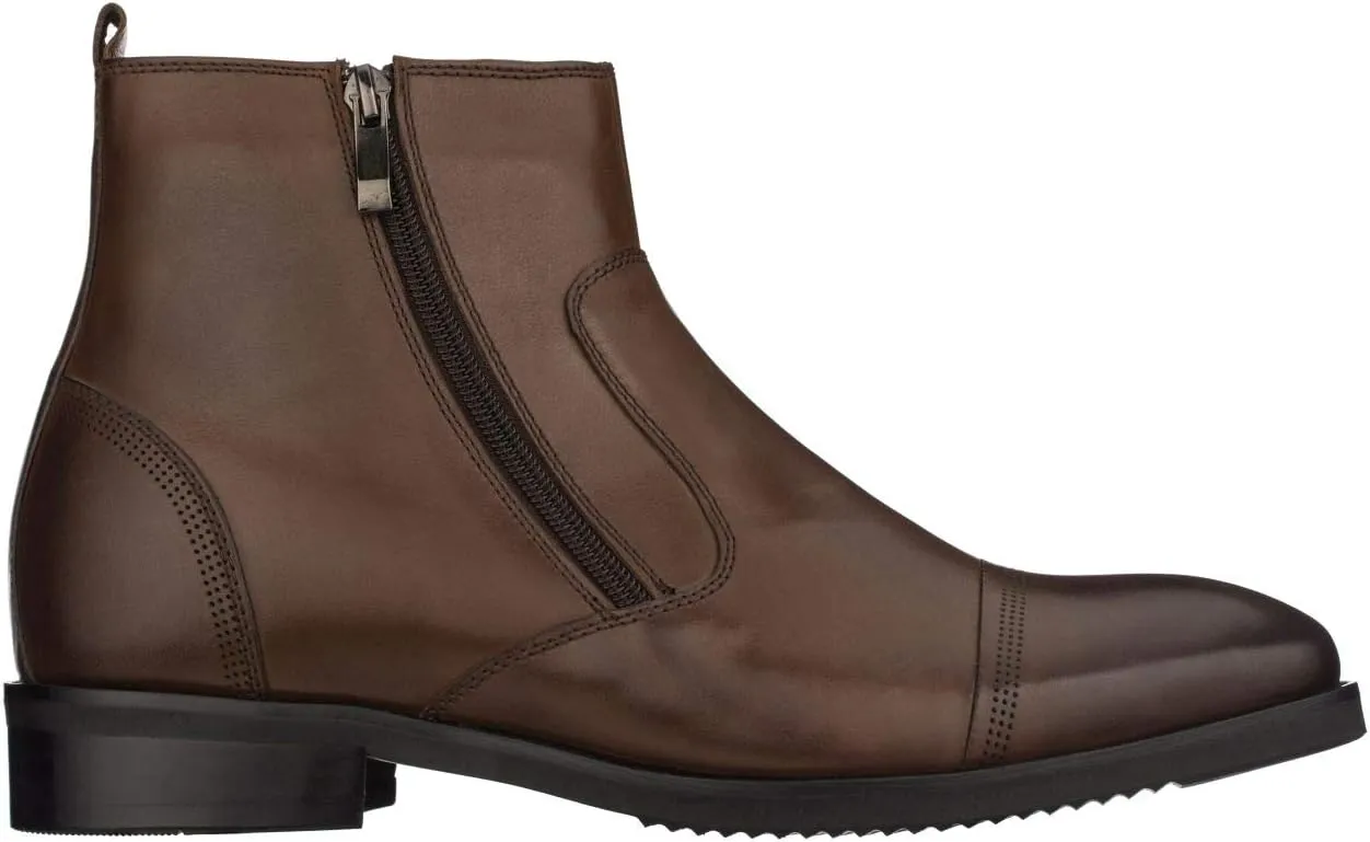 CALTO Men's Invisible Height Increasing Elevator Shoes - Dark Brown Premium Leather Lightweight Zipper Boots - 2.8 Inches Taller - S28002 - Size 8 D(M) US