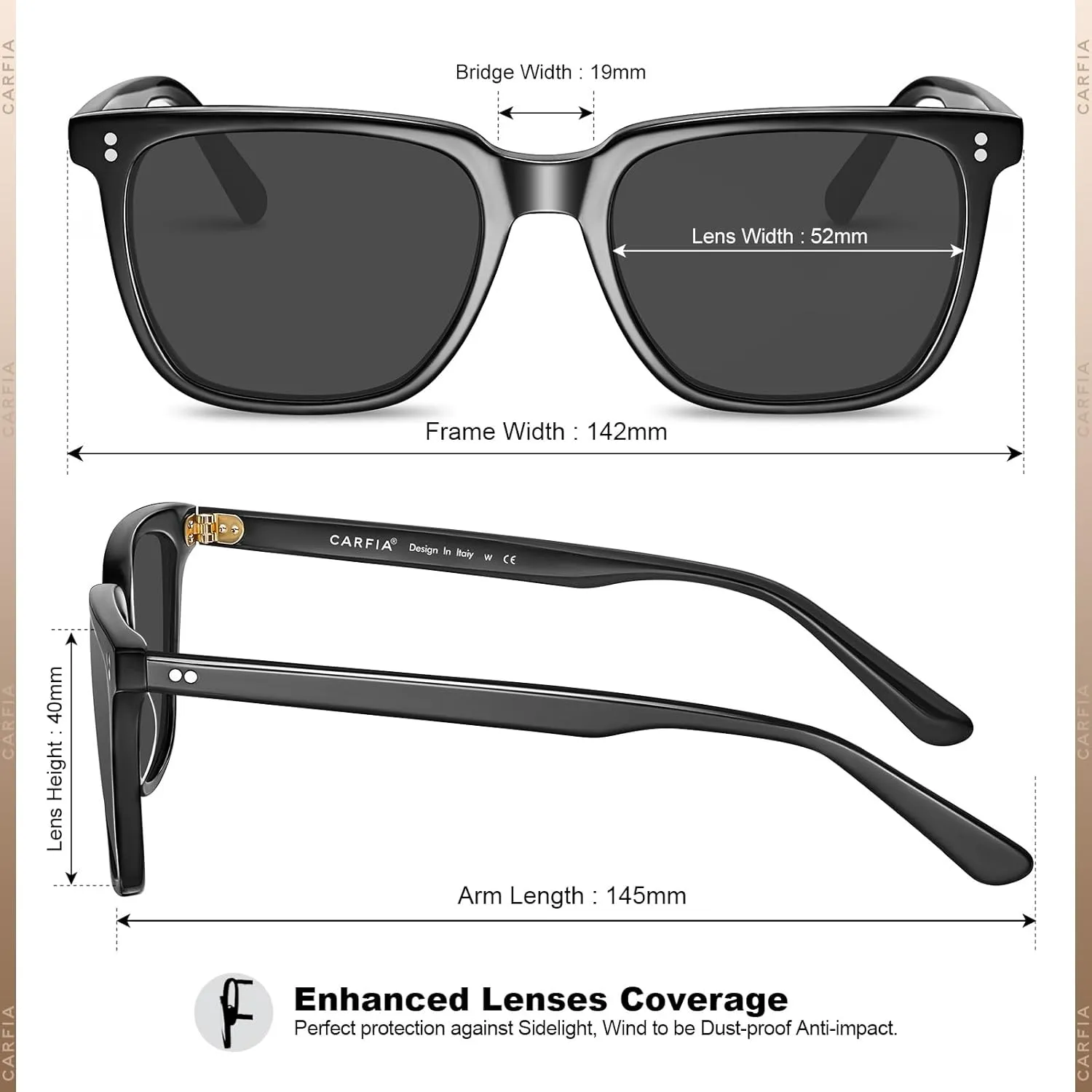 CARFIA Acetate Polarized Sunglasses for Men UV400 Protection Classic Retro Square Shades Driving Glasses