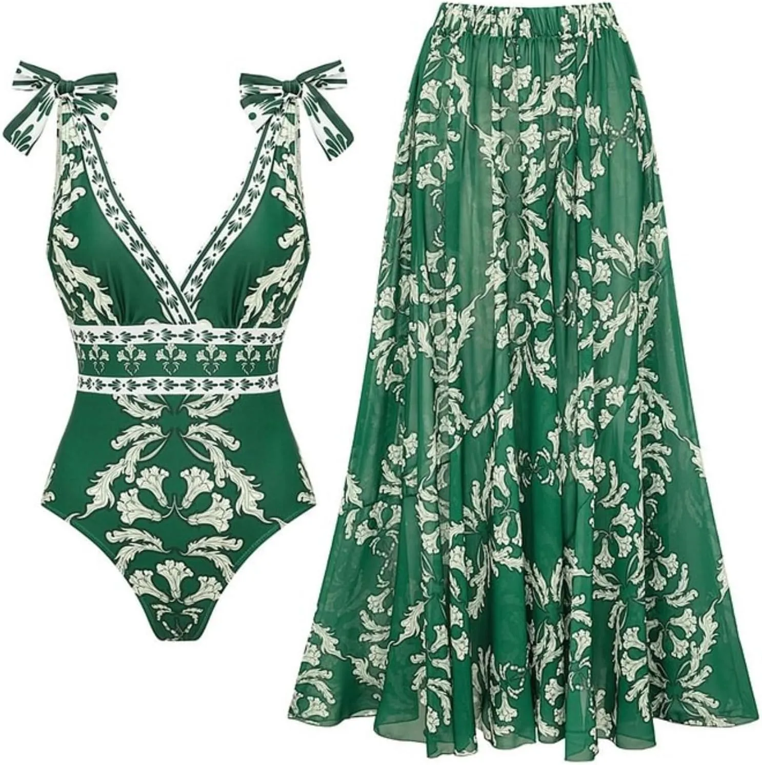 FLAXMAKER Blue and White V Neck Lace Up Strip Plant Prints One Piece Swimsuit and Skirt/Sarong