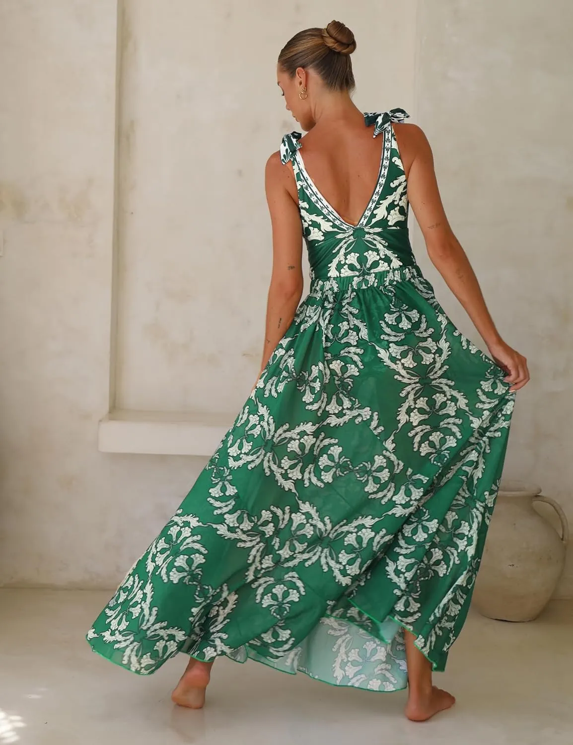 FLAXMAKER Blue and White V Neck Lace Up Strip Plant Prints One Piece Swimsuit and Skirt/Sarong