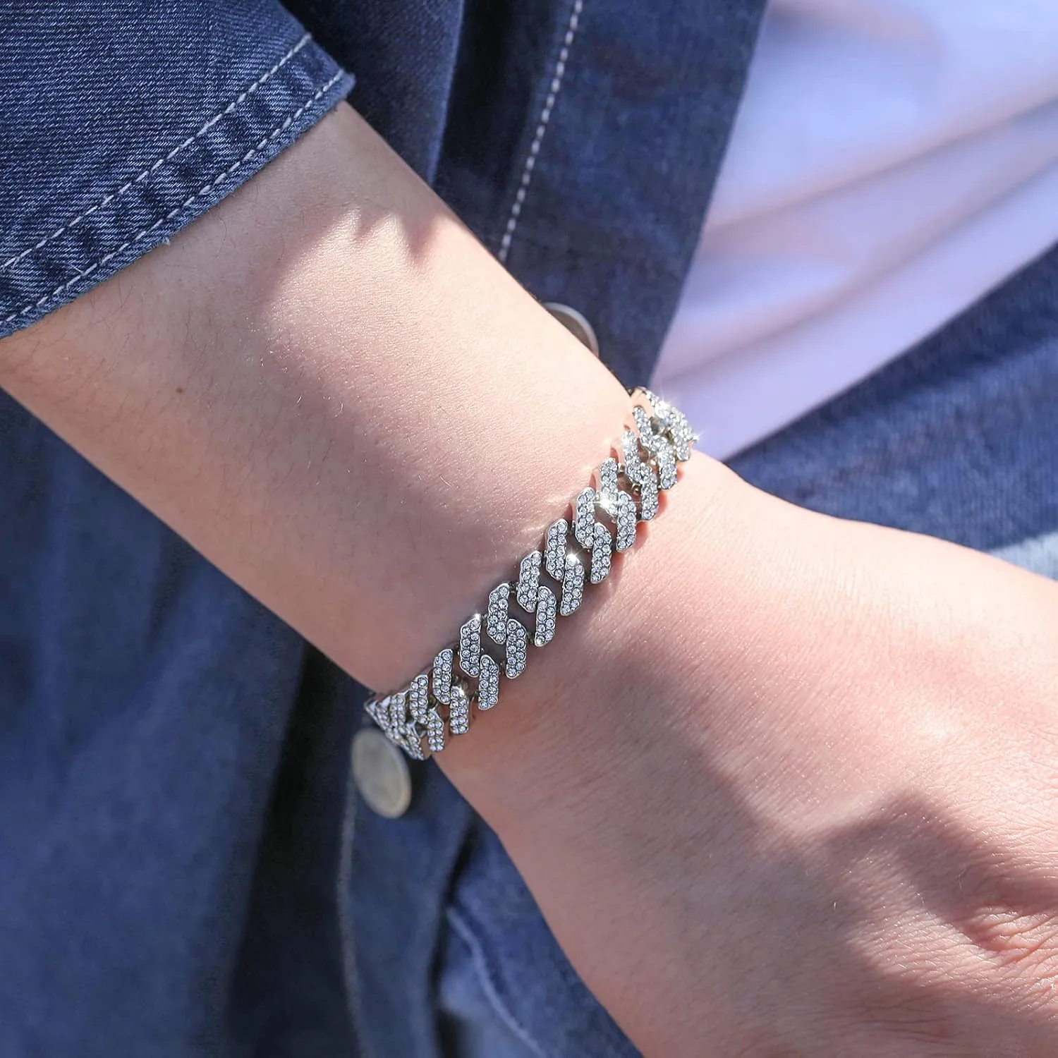 HDMENC Mens Miami Cuban Link Chain Bracelet 12mm Diamond Prong Cuban Chain 8 inch Length Hip Hop Jewely with Gift Box