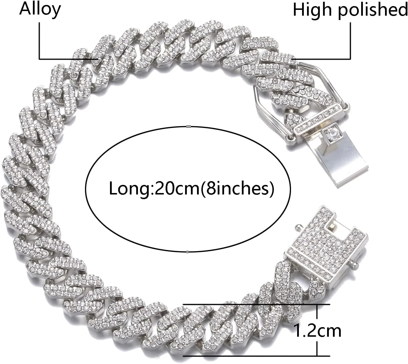 HDMENC Mens Miami Cuban Link Chain Bracelet 12mm Diamond Prong Cuban Chain 8 inch Length Hip Hop Jewely with Gift Box