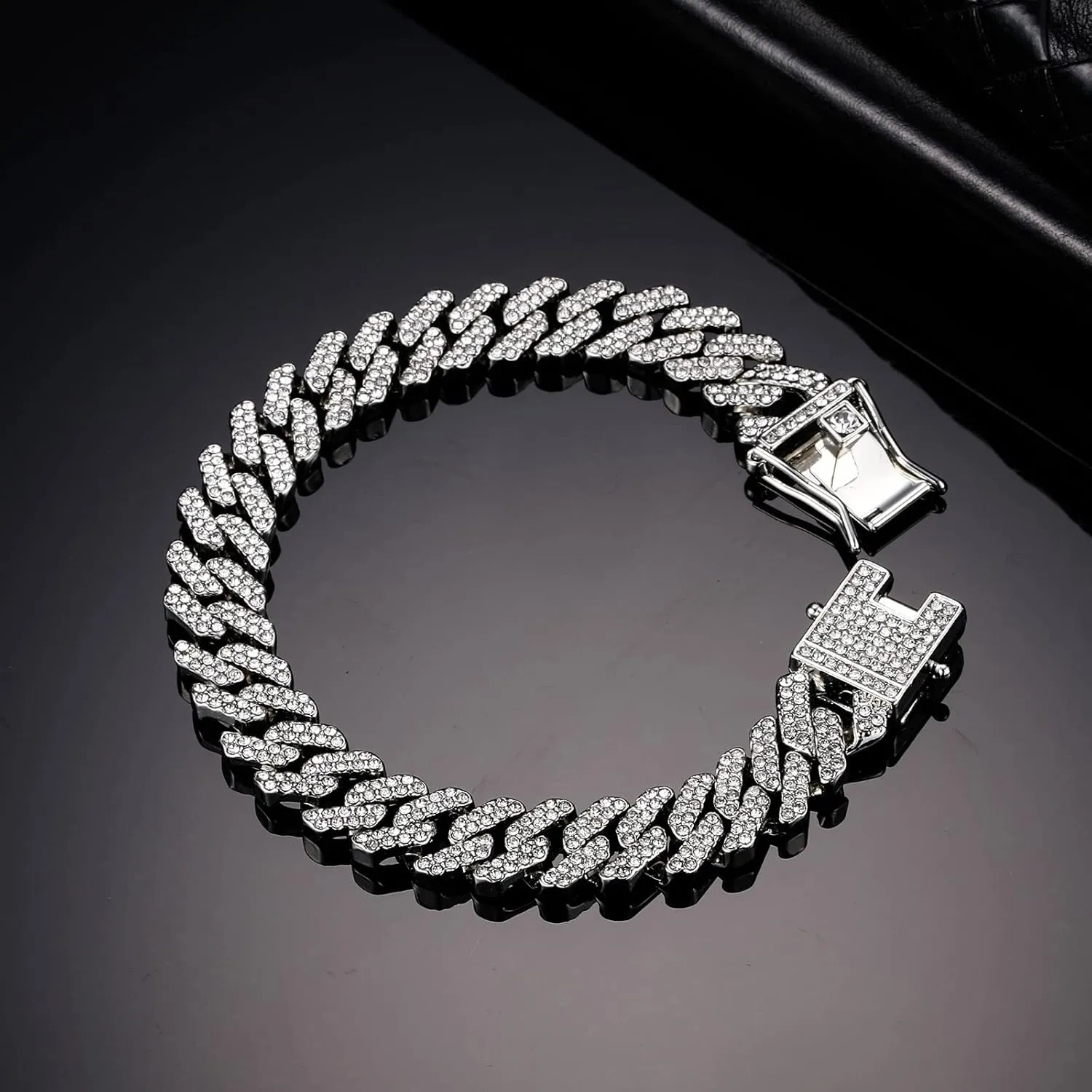 HDMENC Mens Miami Cuban Link Chain Bracelet 12mm Diamond Prong Cuban Chain 8 inch Length Hip Hop Jewely with Gift Box