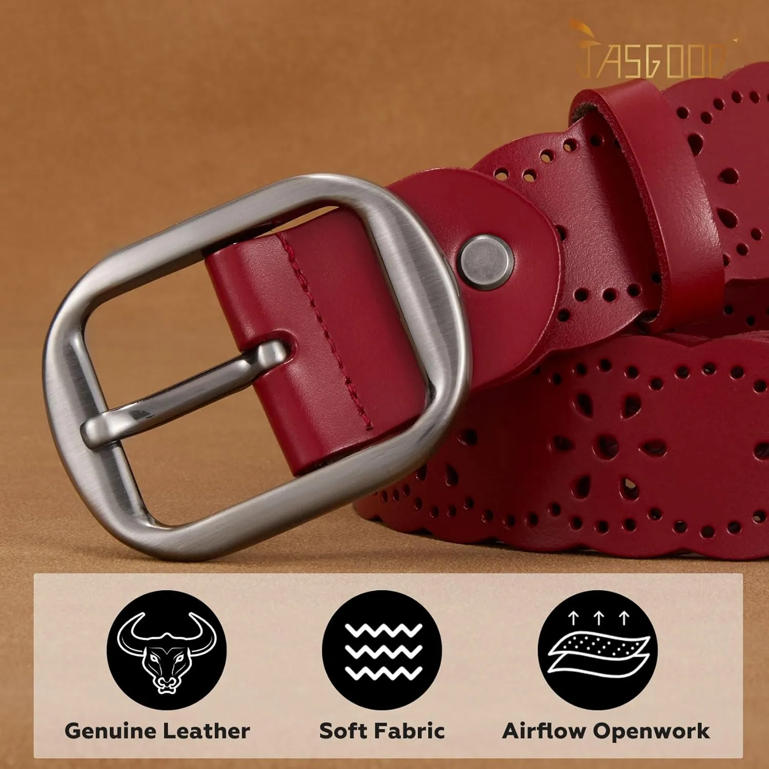 JASGOOD Women's Hollow Flower Genuine Leather Belt for Jeans Pants Wide Belt for Ladies
