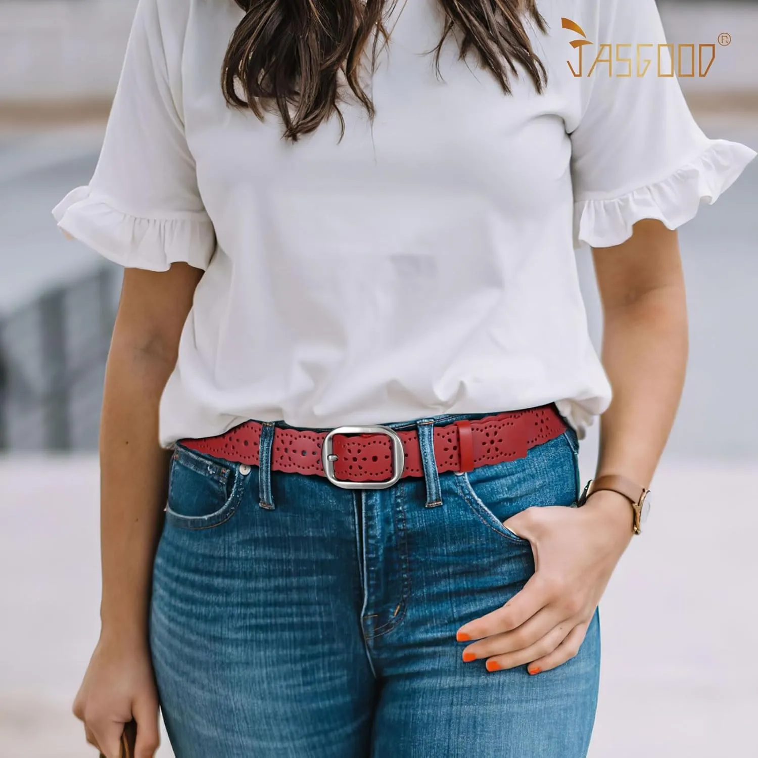 JASGOOD Women's Hollow Flower Genuine Leather Belt for Jeans Pants Wide Belt for Ladies