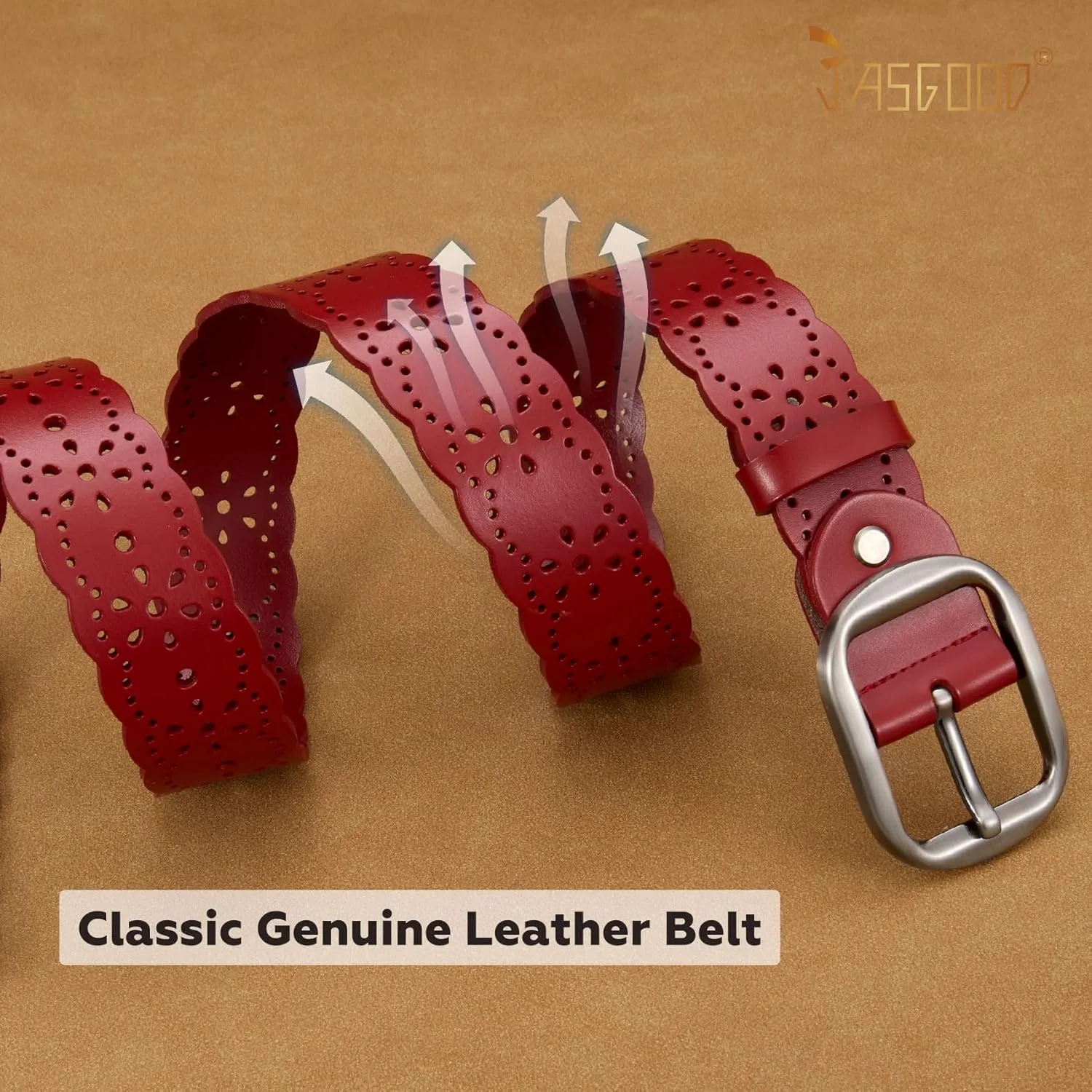 JASGOOD Women's Hollow Flower Genuine Leather Belt for Jeans Pants Wide Belt for Ladies