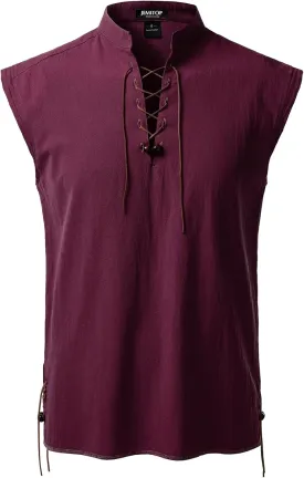 Men's Retro Pure Cotton Lace Up Sleeveless Shirts for Pirate Renaissance Medieval Viking Costume